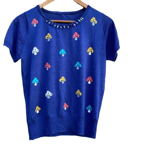Blue short sleeve sweater with colorful Mushrooms approx size S/M - Picture 1 of 8